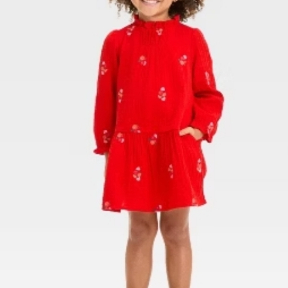 Cat & Jack Toddler Girls' Long Sleeve Floral Embroidered Printed Dress Red - Picture 4 of 6